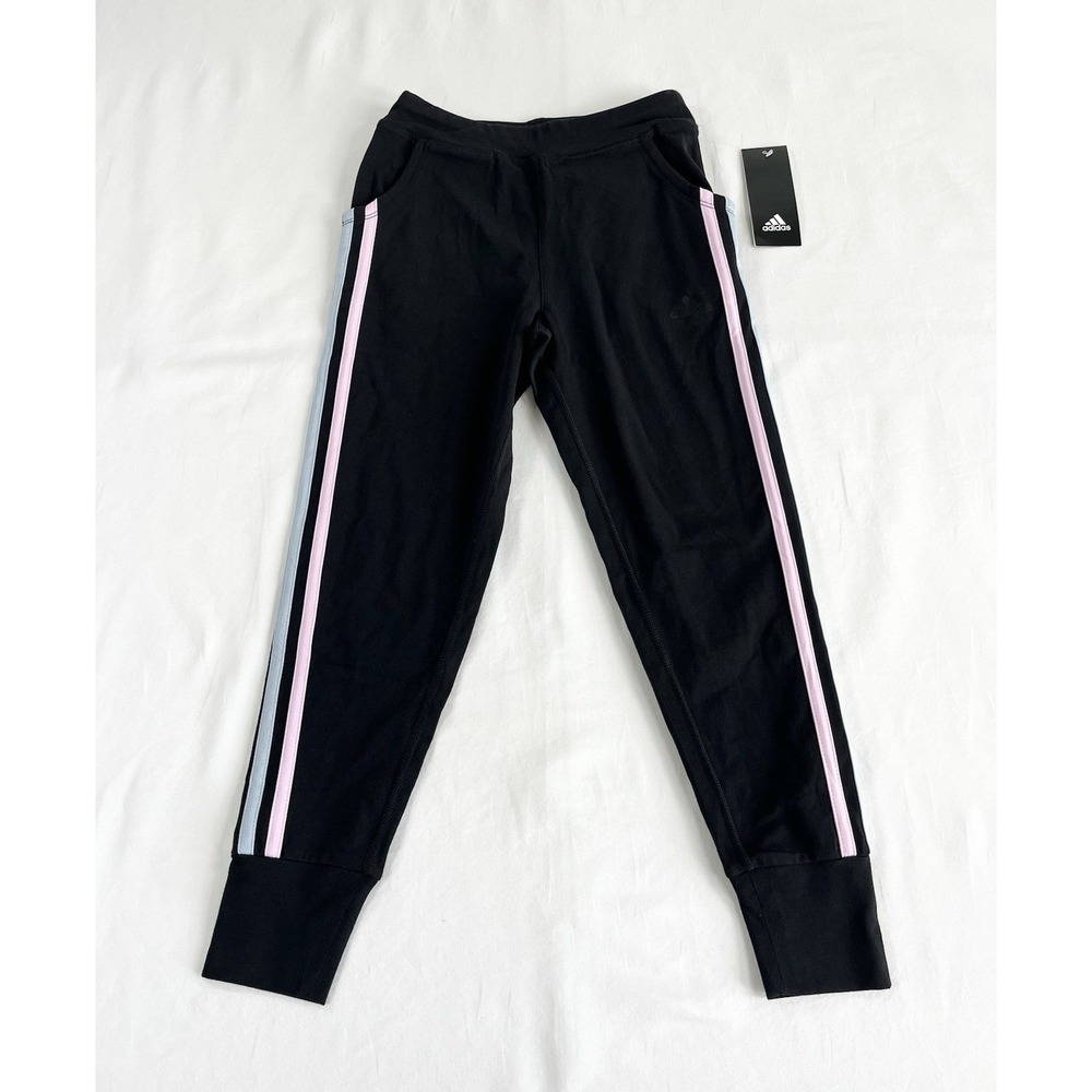 Adidas Youth Girls S 7 8 Black Track Joggers Pants Pink Blue 3 Stripe NWT New
